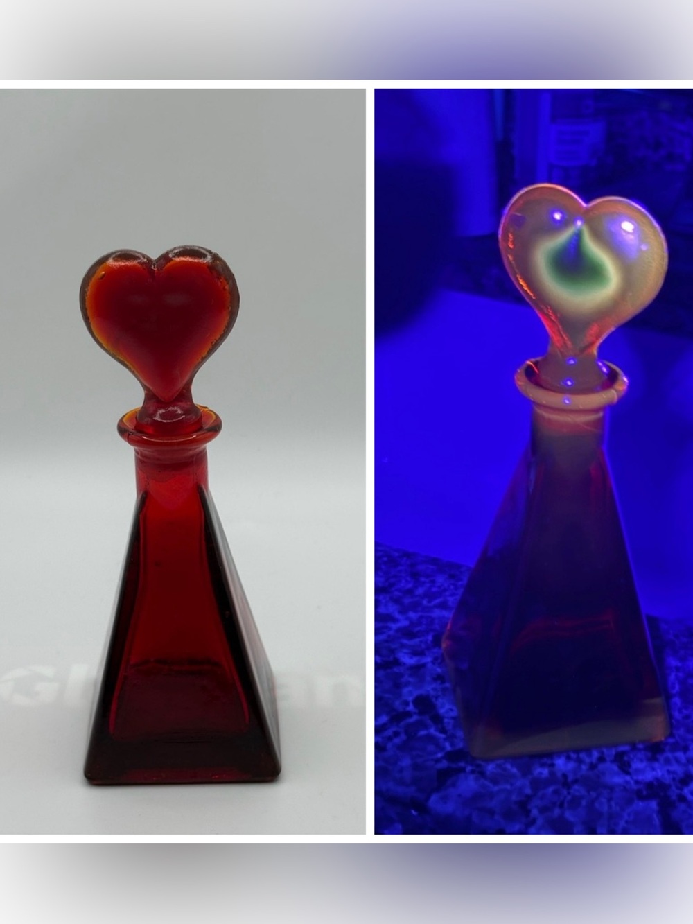 VTG Ruby Red Art Glass Bottle W/ Heart Shaped Stopper Triangle Base Glows 6.5” - Picture 16 of 16